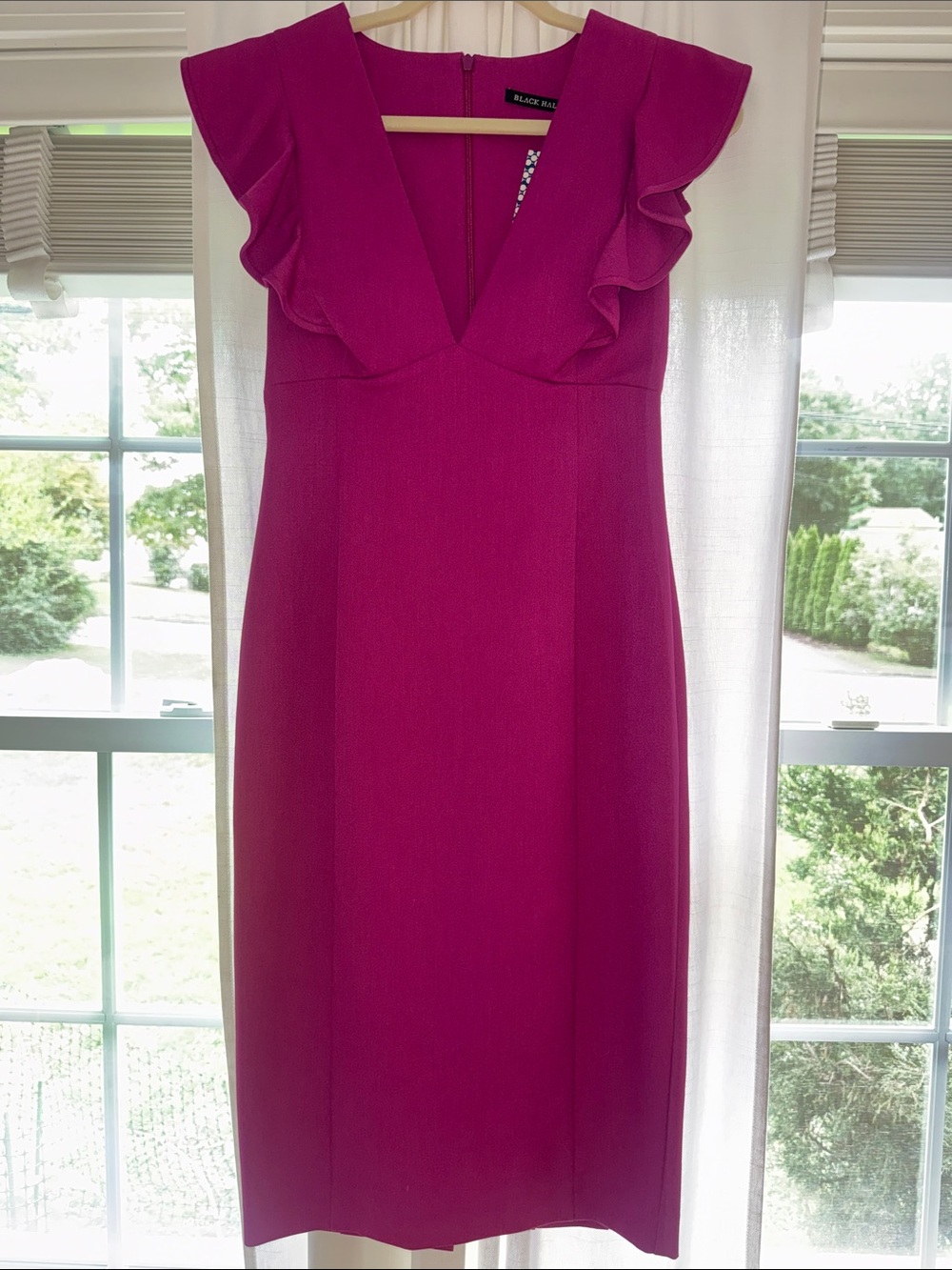 Black Halo Fuchsia V-Neck Ruffle-Sleeve Midi Dress NWT!
